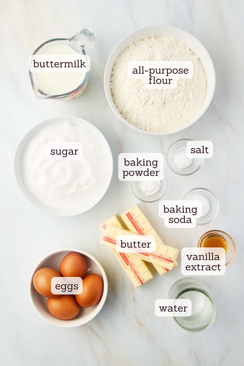 overhead view of labeled ingredients for Kentucky butter cake