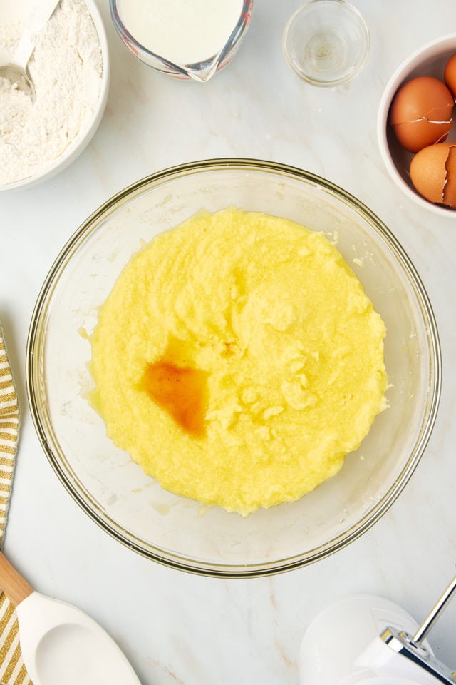 overhead view of vanilla added to wet ingredients for Kentucky butter cake