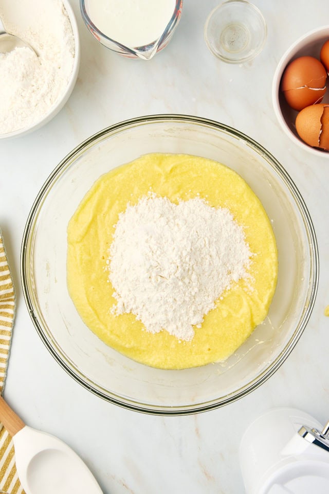 overhead view of dry ingredients added to wet ingredients for Kentucky butter cake