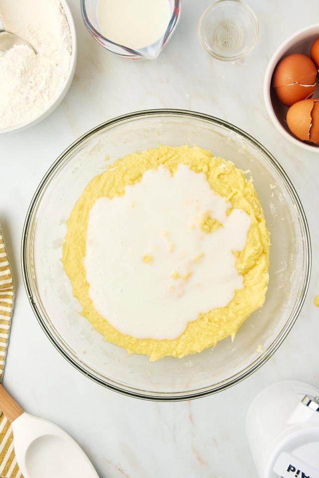 overhead view of buttermilk added to Kentucky butter cake batter