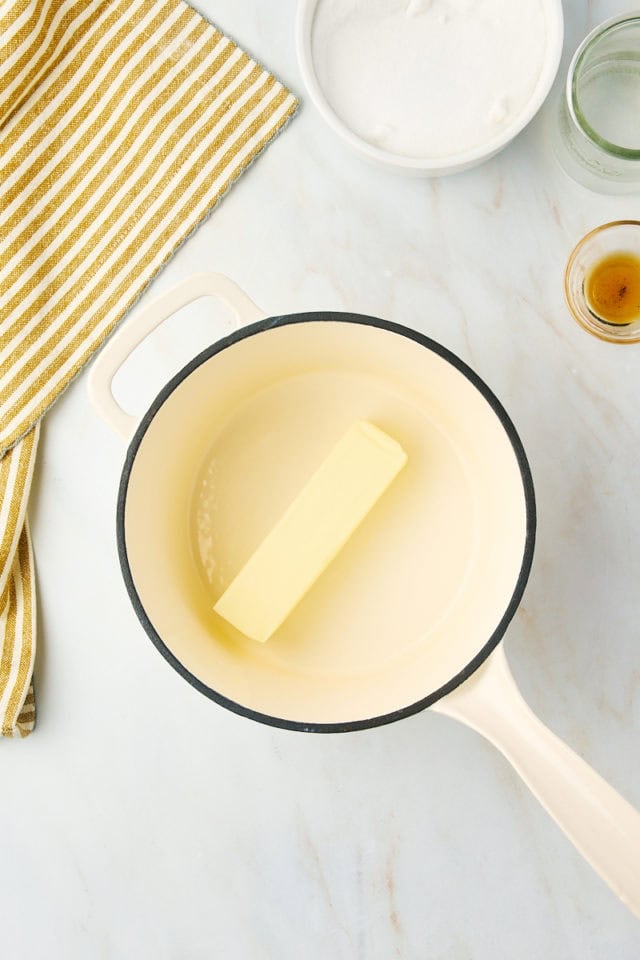 overhead view of butter in a saucepan