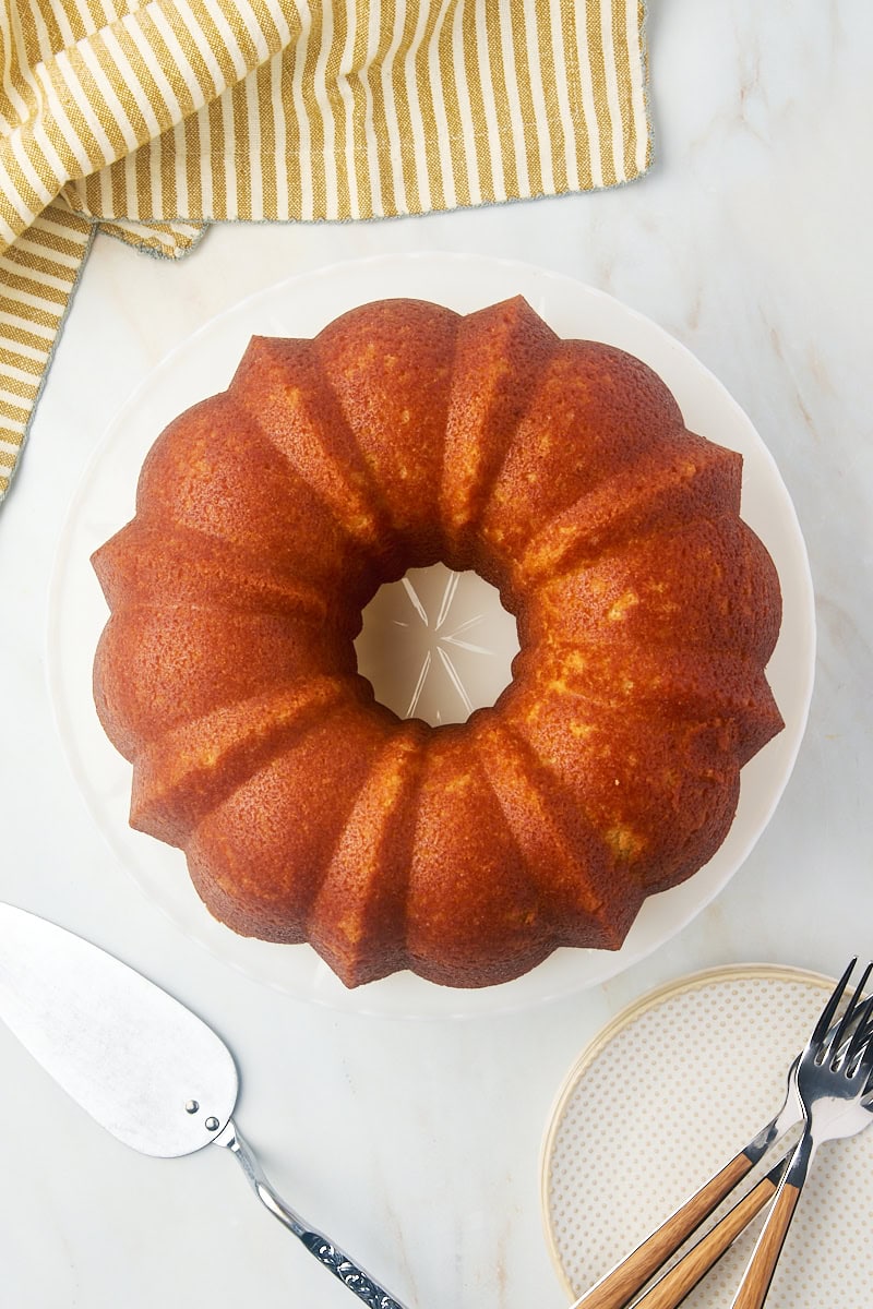 overhead view of Kentucky butter cake on a white cake plate