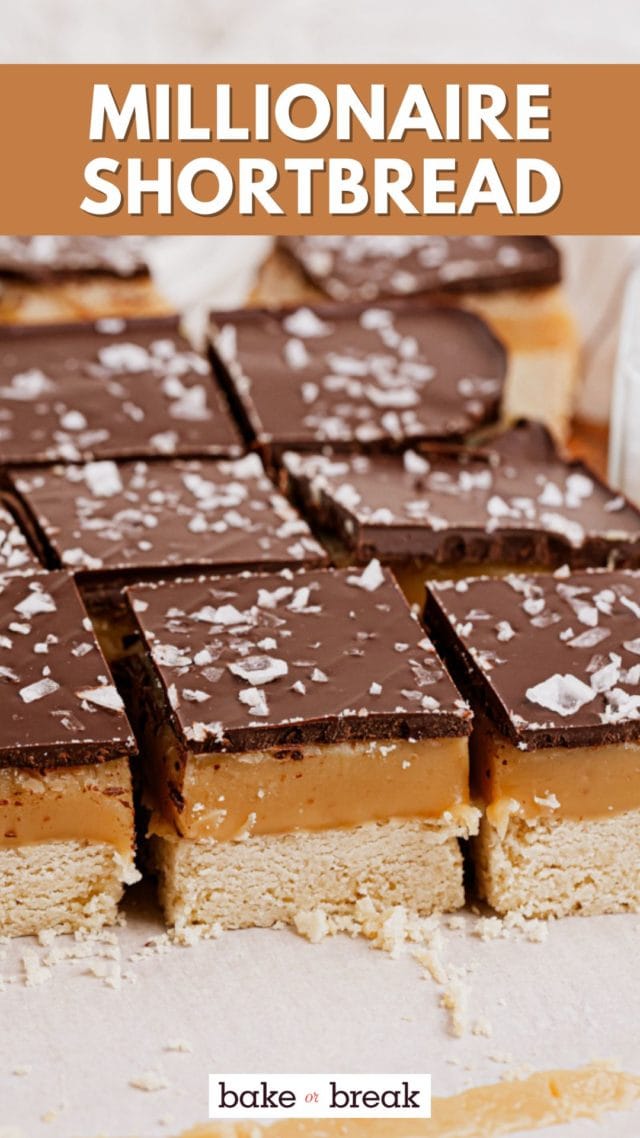 millionaire shortbread bars on parchment paper; text overlay "millionaire shortbread bake or break"