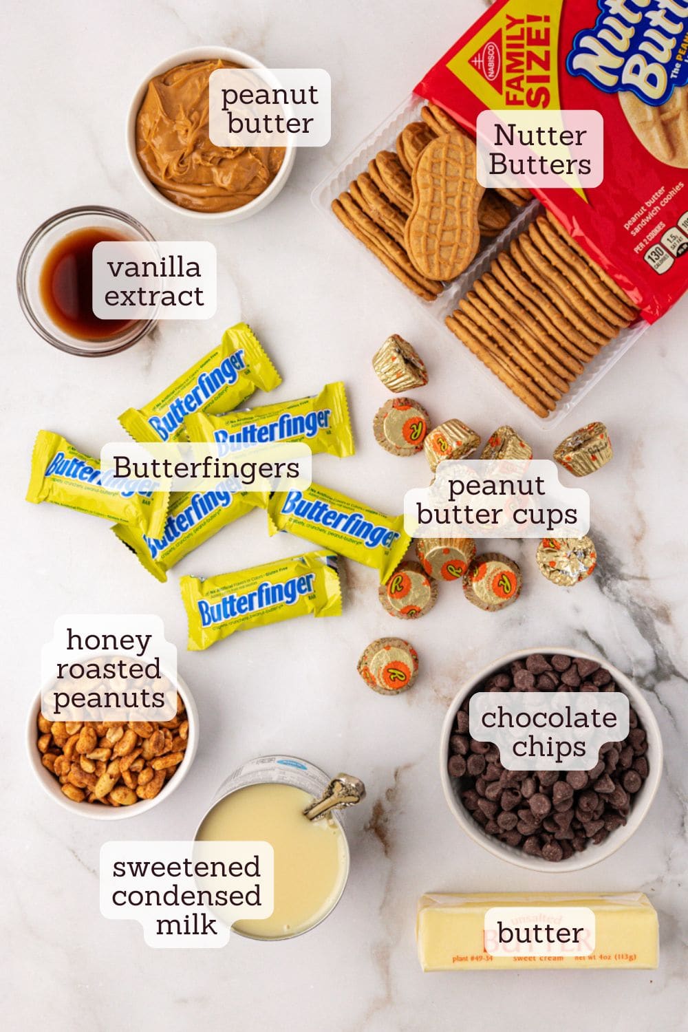 overhead view of labeled ingredients for peanut butter candy bar squares