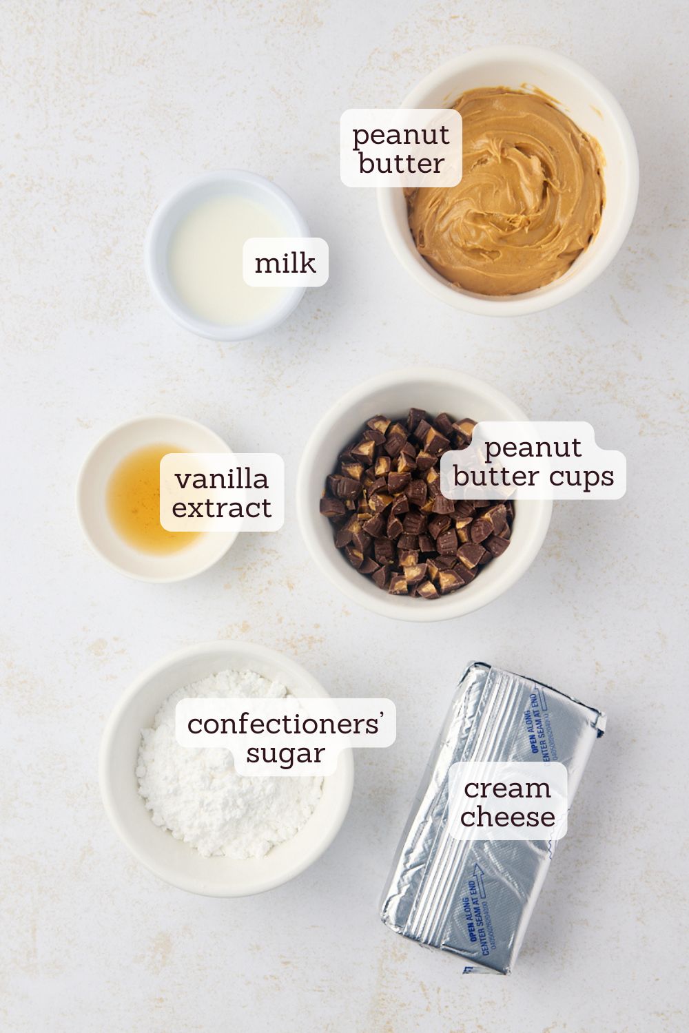 overhead view of ingredients for peanut butter cup dip