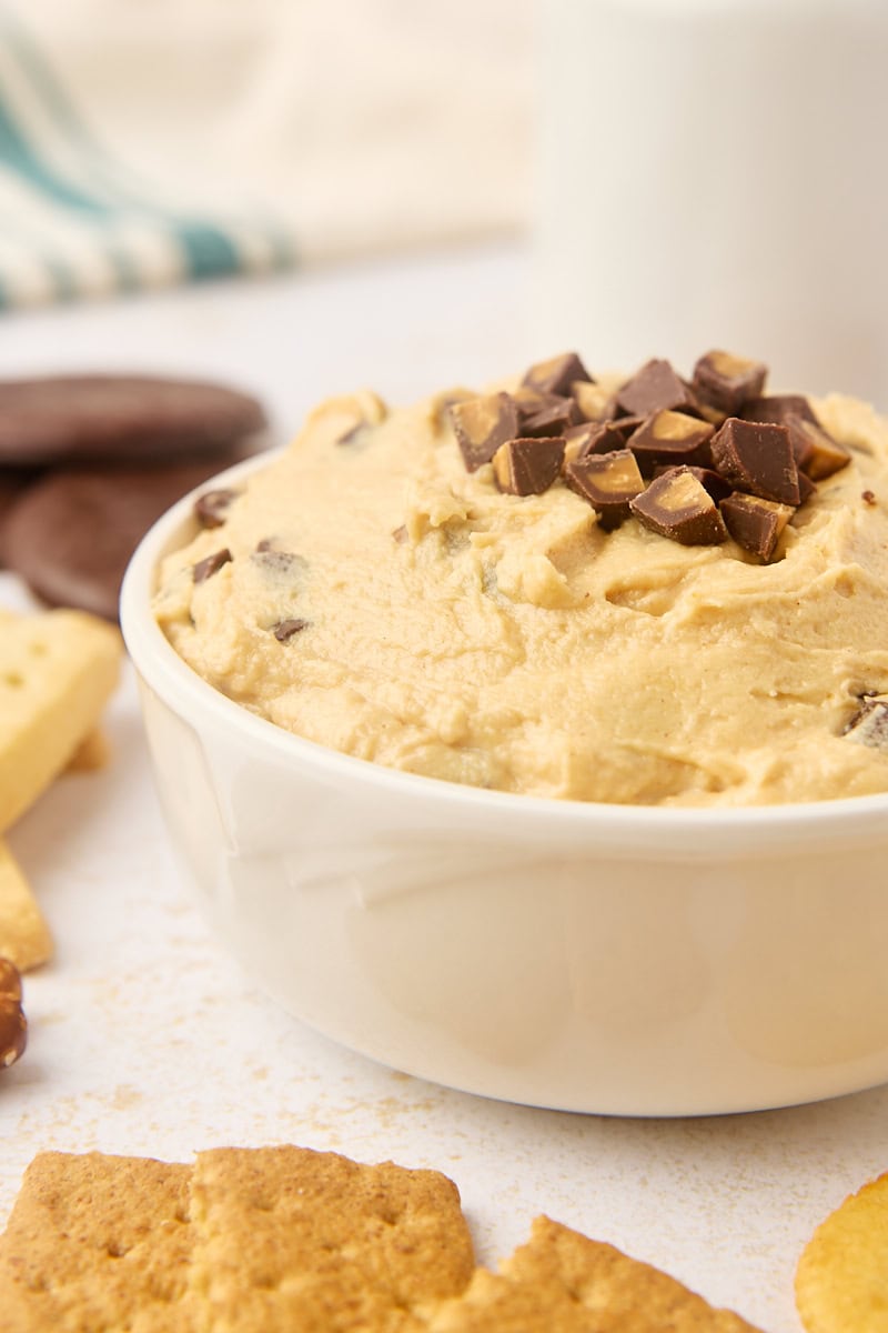 peanut butter cup dip in a white bowl