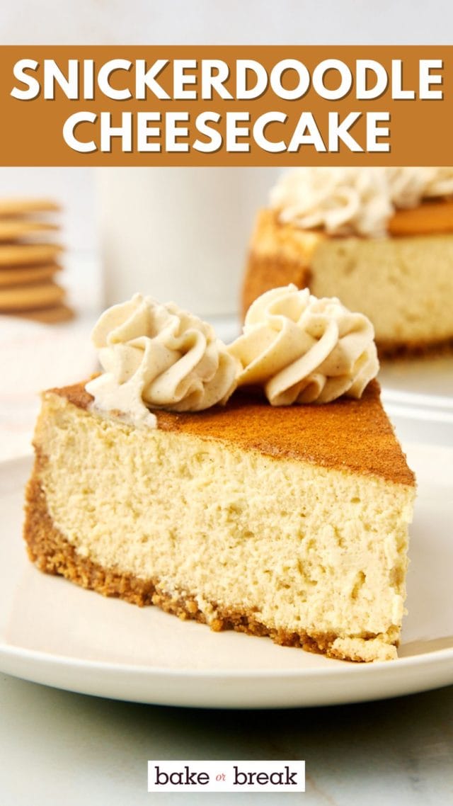 slice of snickerdoodle cheesecake on a plate; text overlay "snickerdoodle cheesecake bake or break"