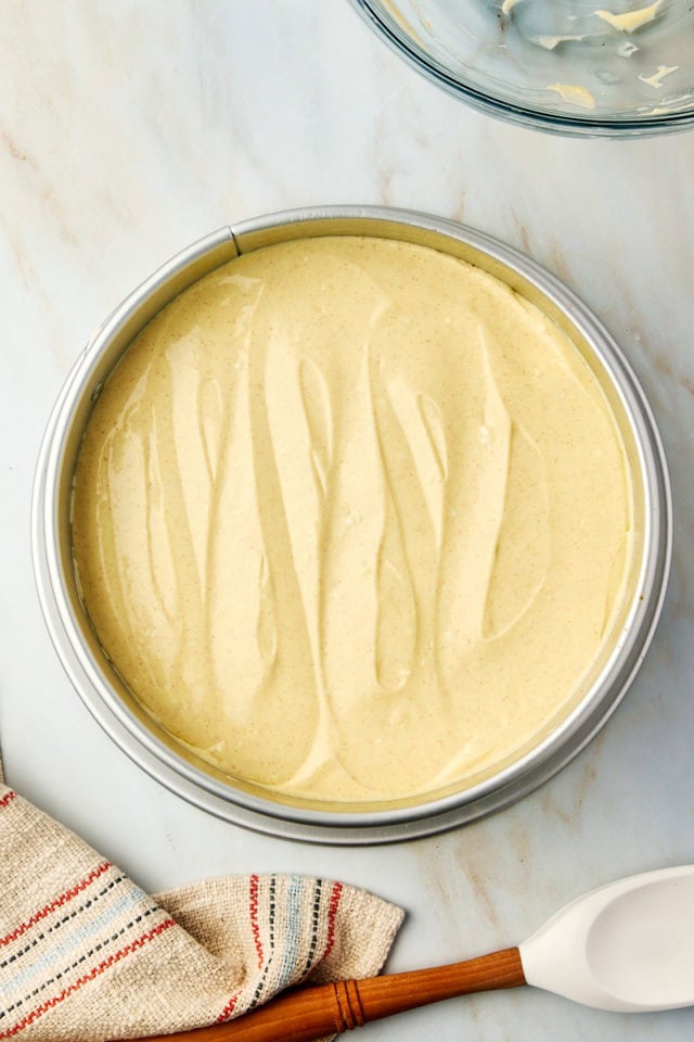 overhead view of snickerdoodle cheesecake ready to go into the oven