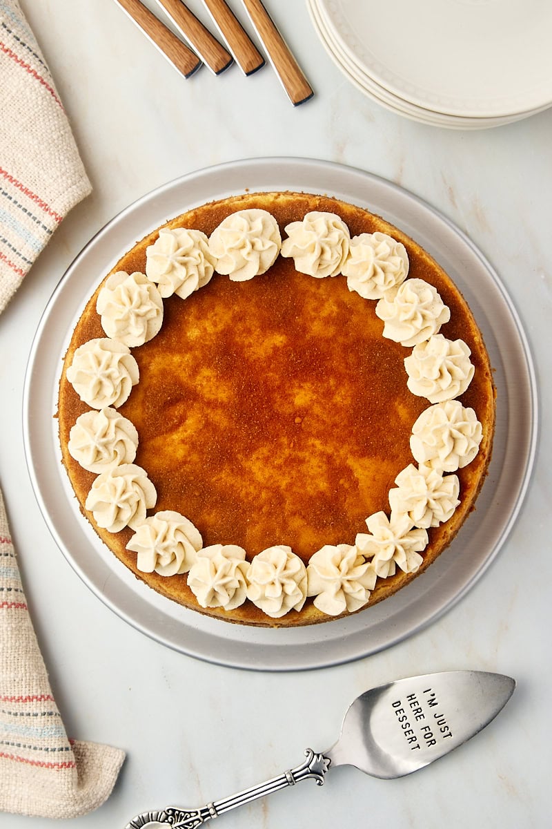 overhead view of snickerdoodle cheesecake with cinnamon whipped cream piped around the edges