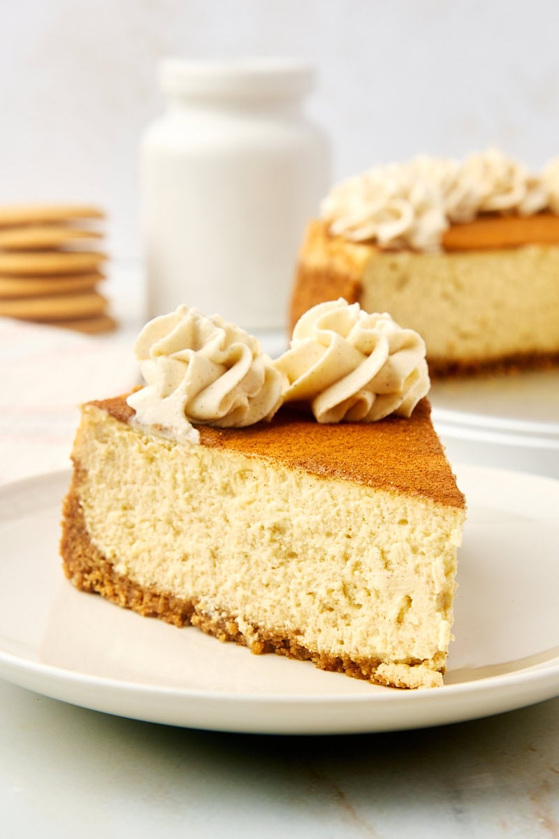 slice of snickerdoodle cheesecake on a plate with more cheesecake in the background