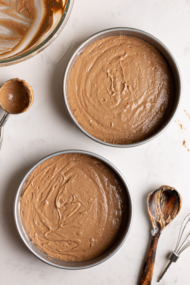 German chocolate cake batter in 2 round pans