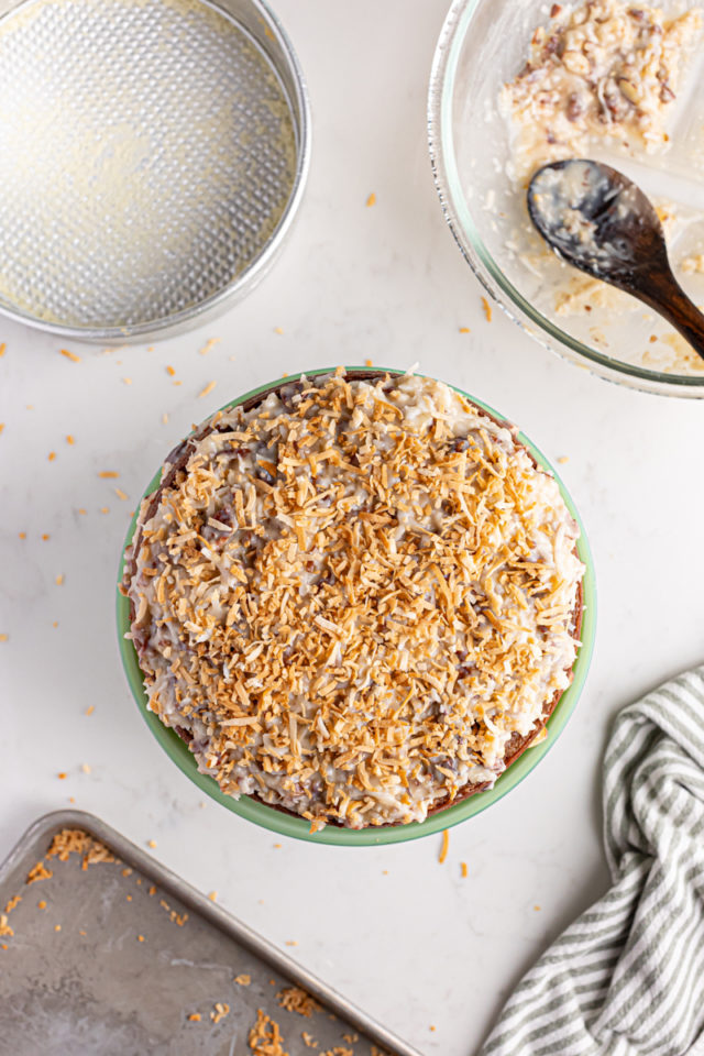 Overhead view of German chocolate cheesecake topped with toasted coconut