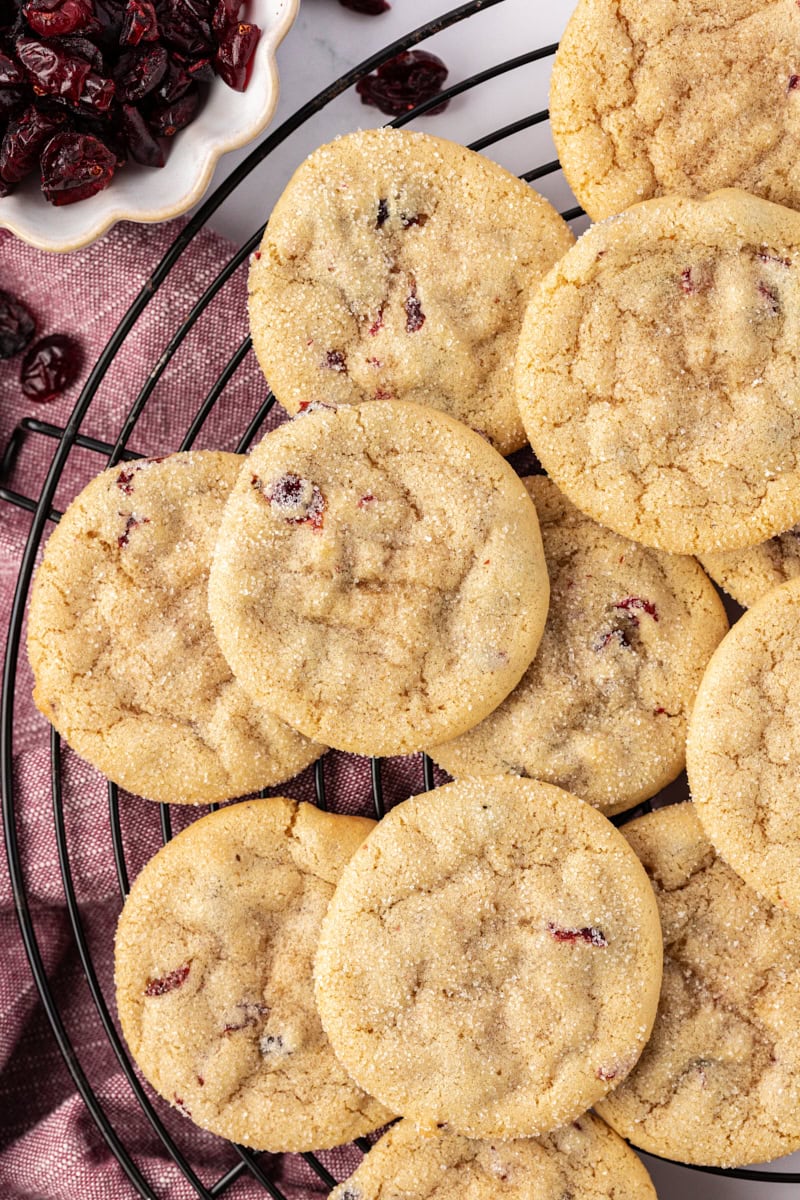 overhead view of macadamia butter cookies on a wire rack