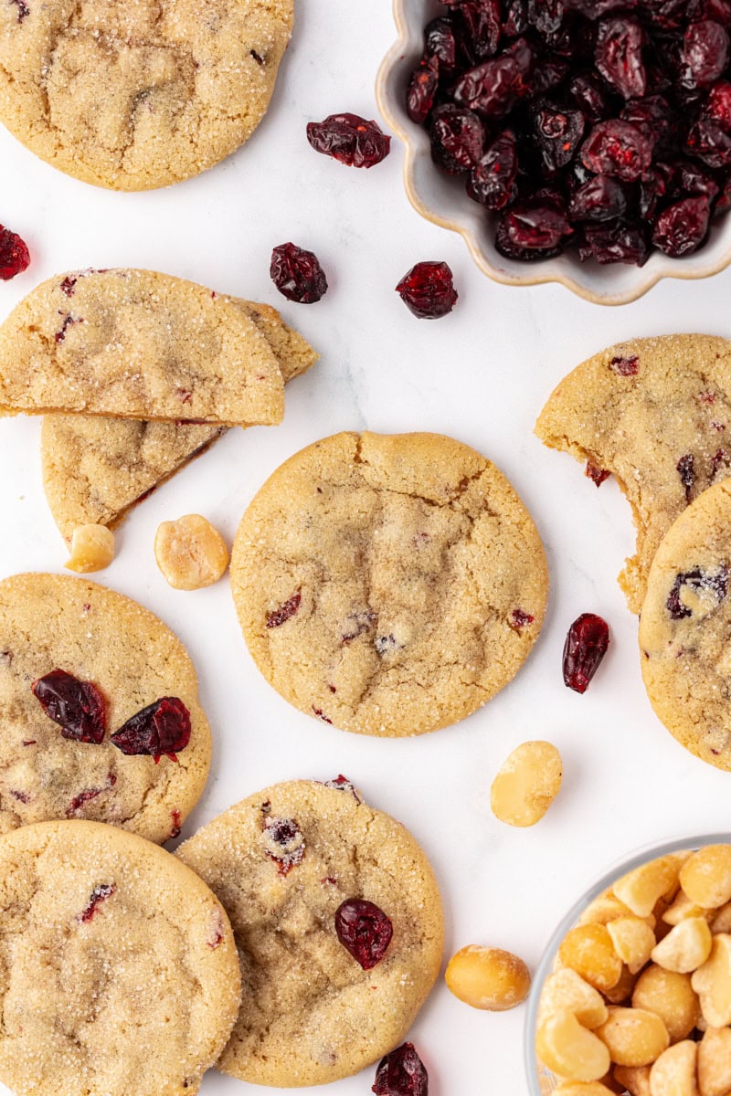 overhead view of macadamia butter cookies on a white countertop