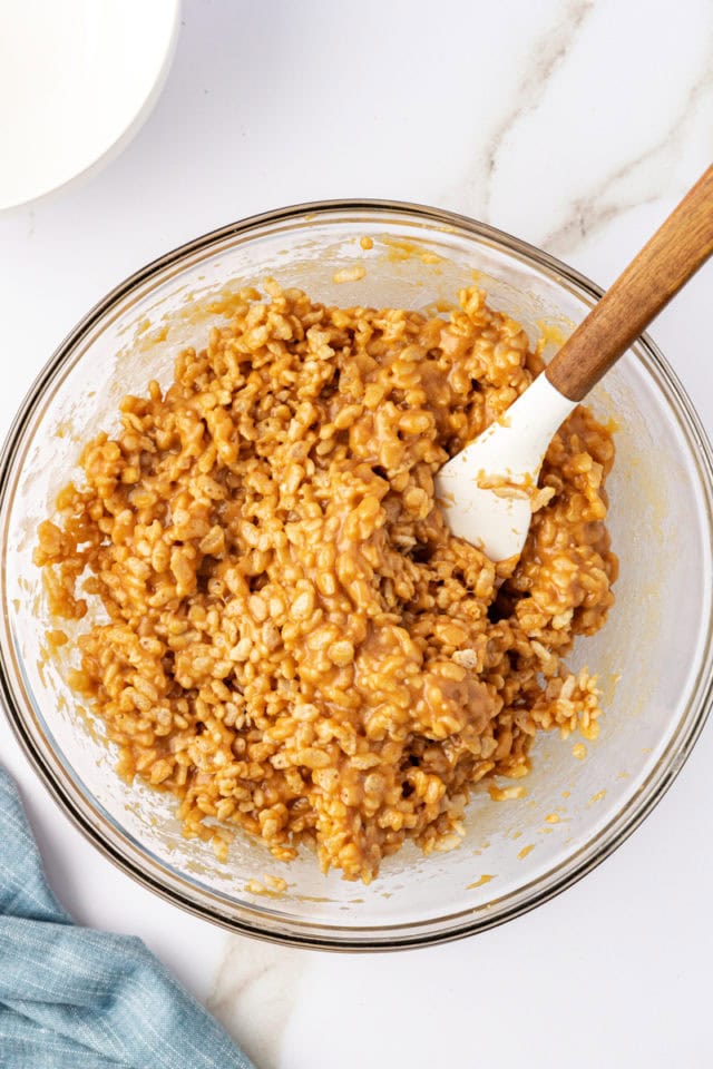 overhead view of peanut butter filling mixture for chocolate peanut butter cereal bars