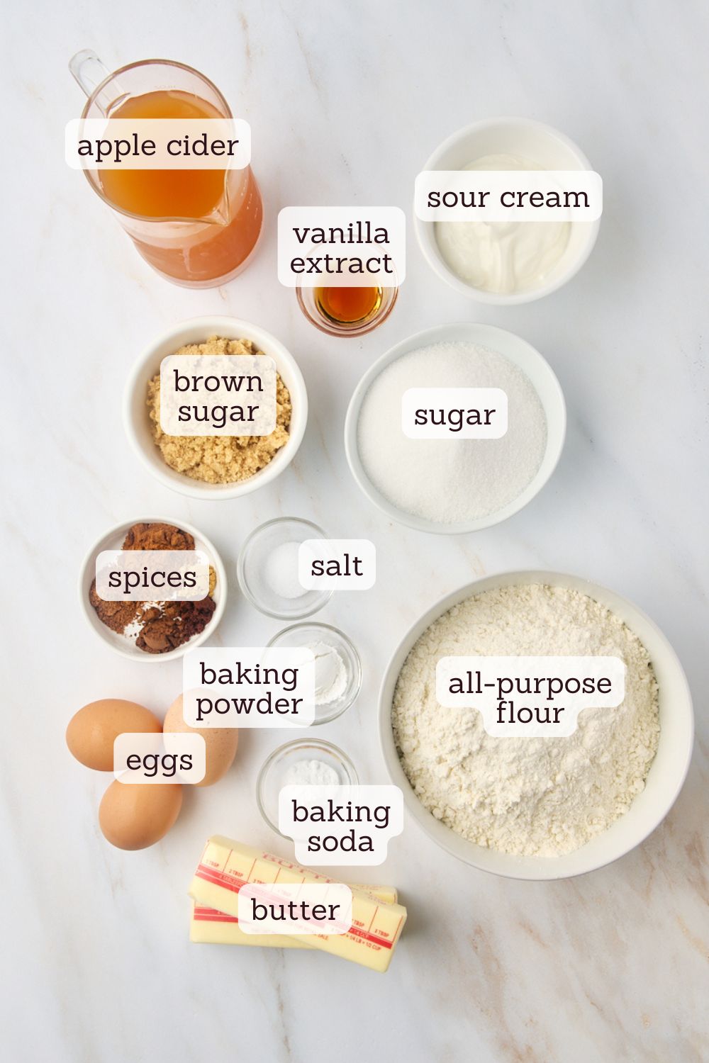 overhead view of ingredients for apple cider donut cake