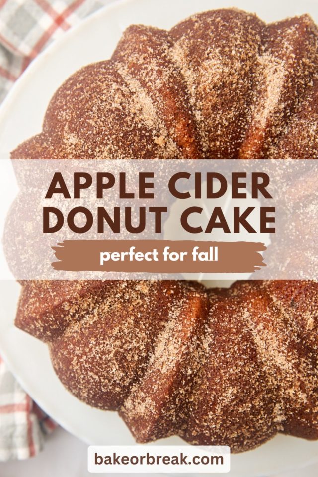 overhead view of apple cider donut cake on a white cake stand; text overlay "apple cider donut cake perfect for fall"