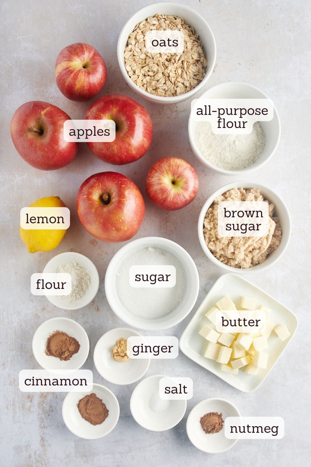 overhead view of ingredients for apple crisp