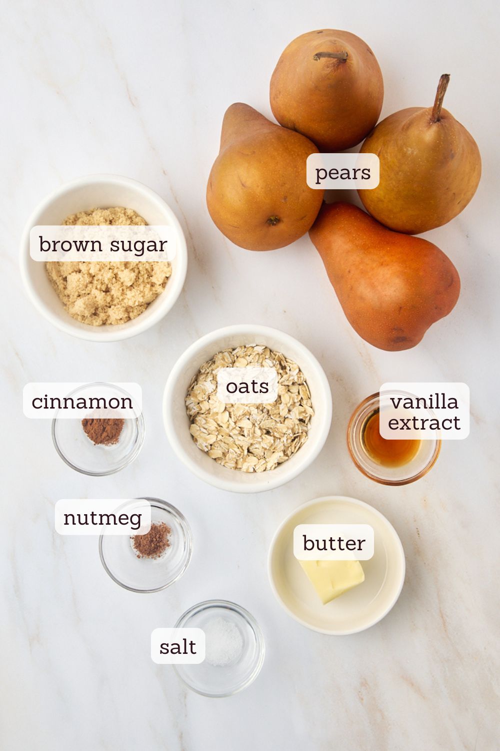 overhead view of ingredients for baked pears