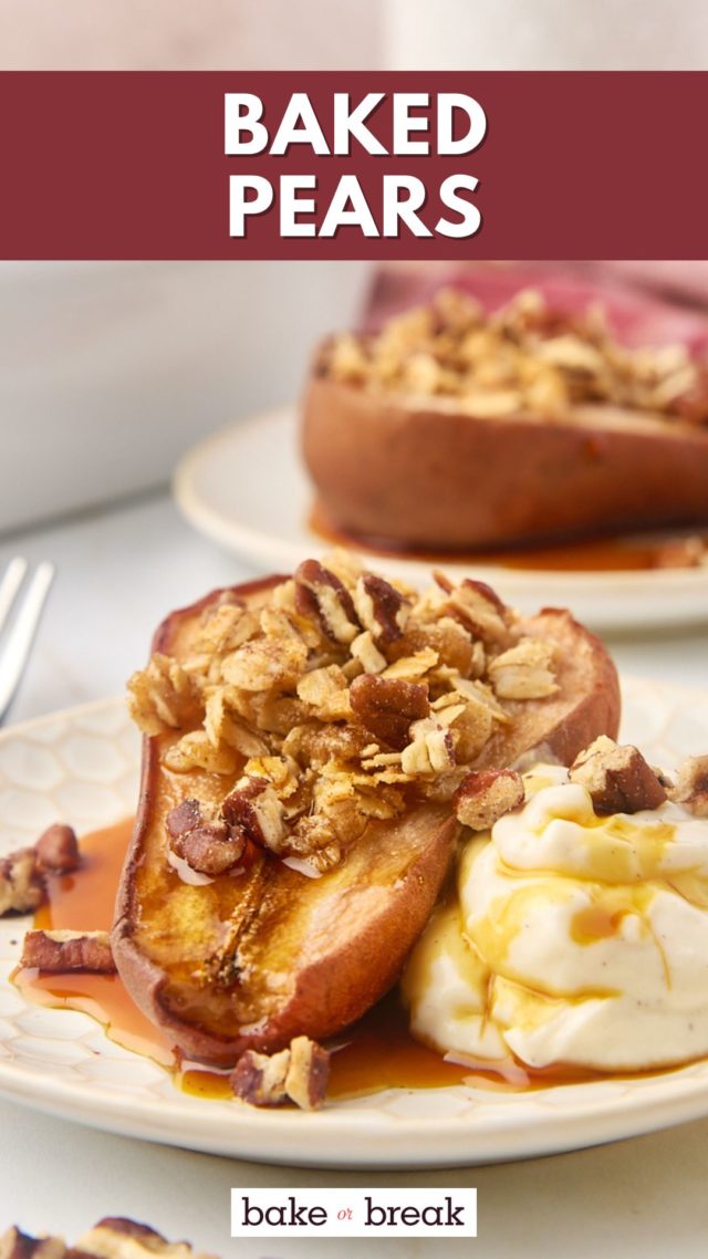 a baked pear served with Greek yogurt, maple syrup, and toasted nuts; text overlay "baked pears"