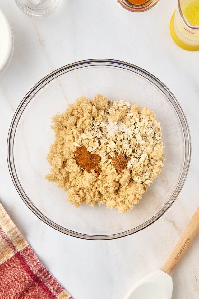 overhead view of oats, brown sugar, cinnamon, nutmeg, and salt in a mixing bowl