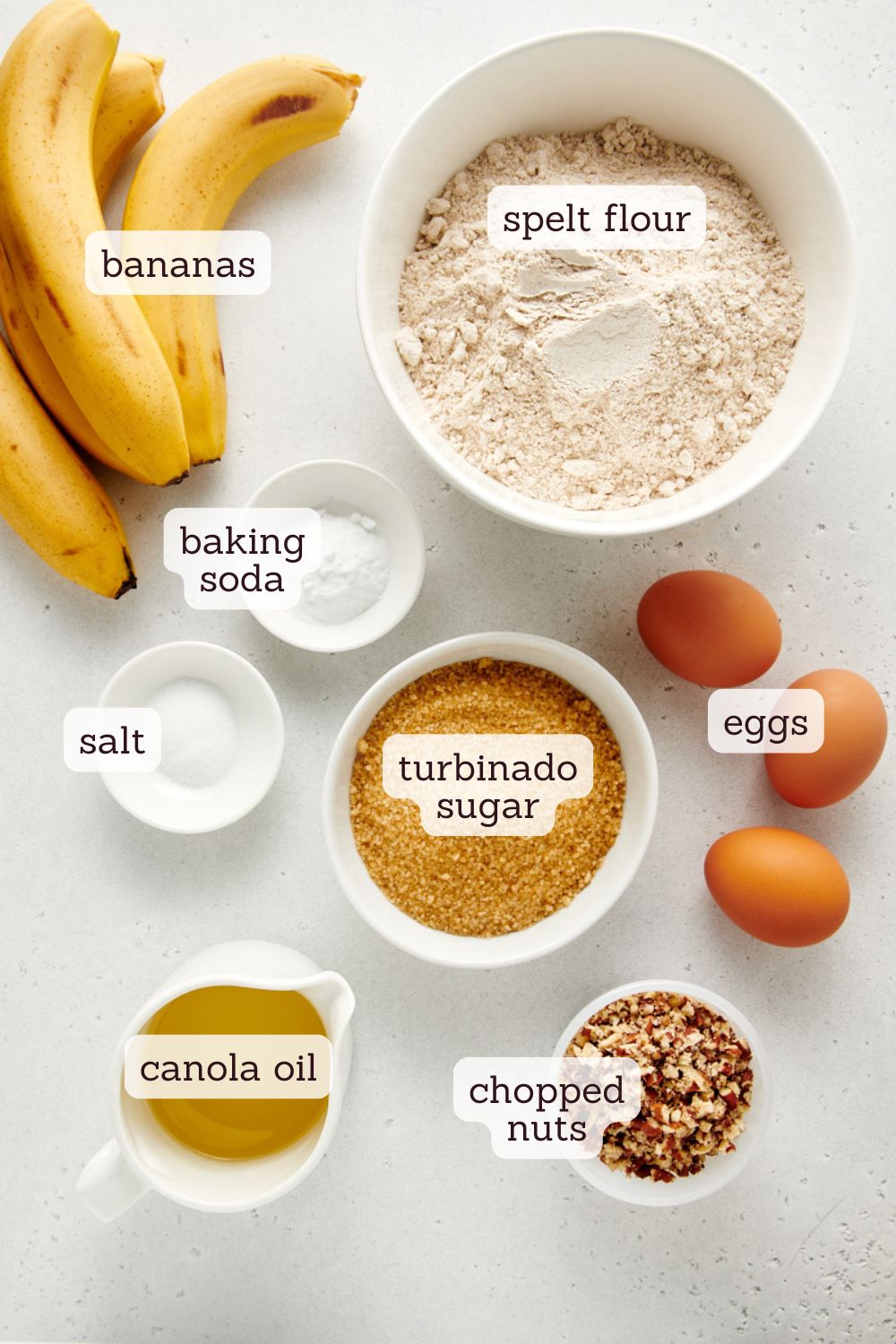 overhead view of ingredients for banana nut muffins