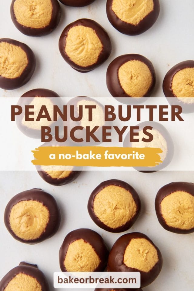 overhead view of buckeyes scattered on a countertop; text overlay "peanut butter buckeyes a no-bake favorite bakeorbreak.com"