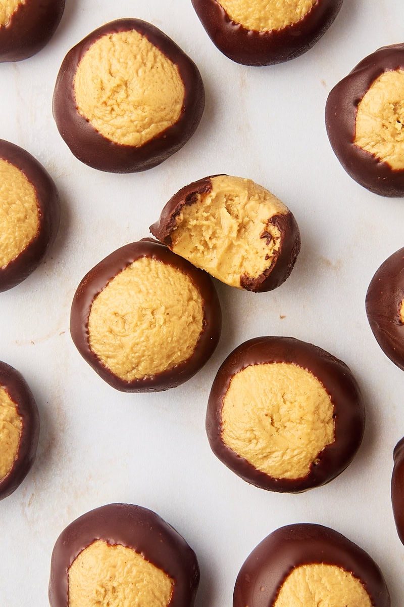 overhead view of buckeyes scattered on a countertop