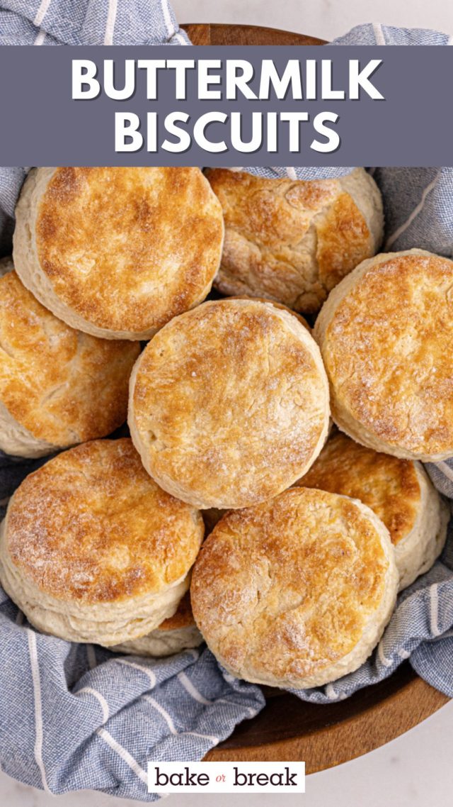 buttermilk biscuits in a towel-lined bowl; text overlay "buttermilk biscuits"