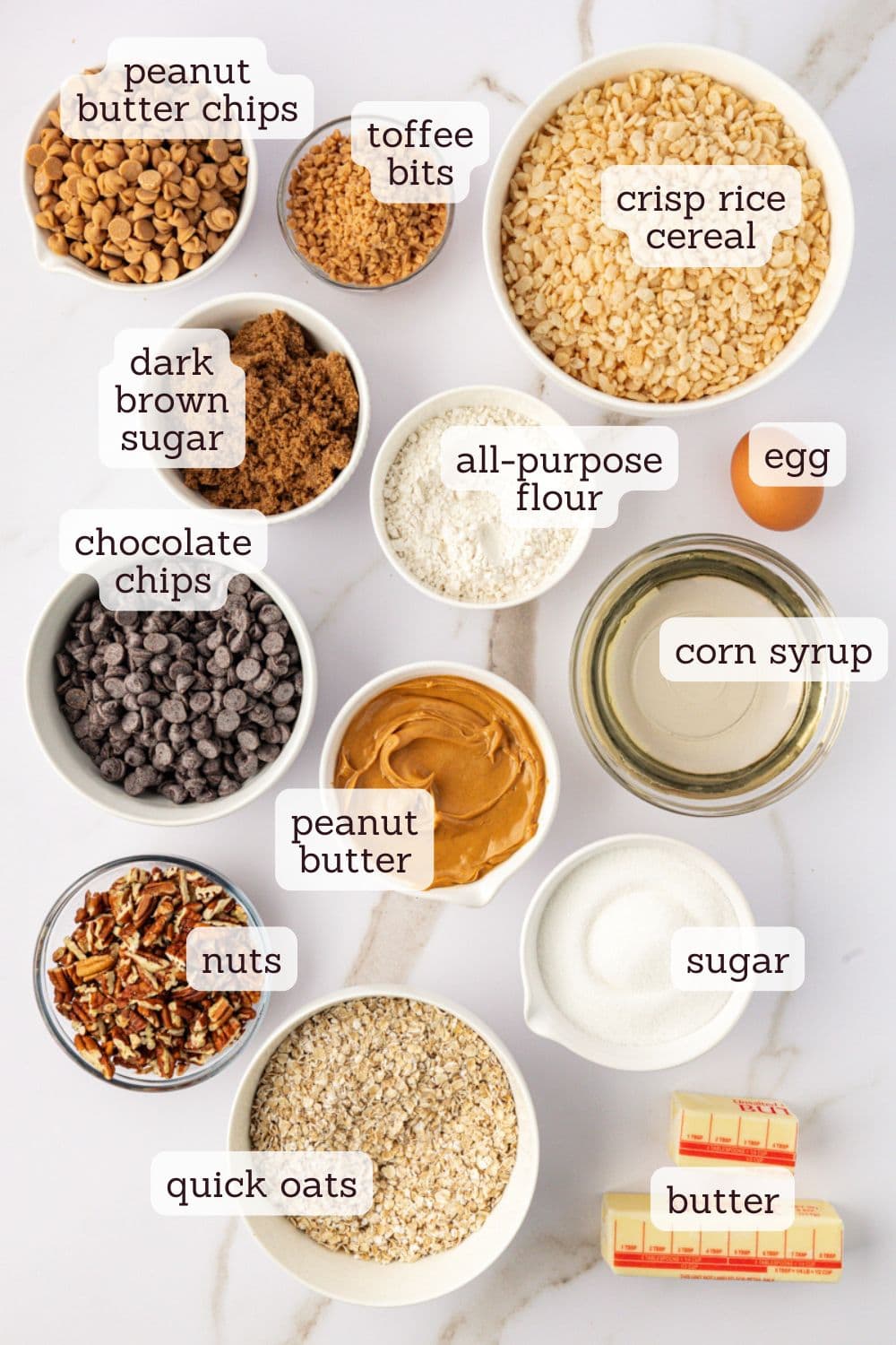 overhead view of ingredients for chocolate peanut butter cereal bars