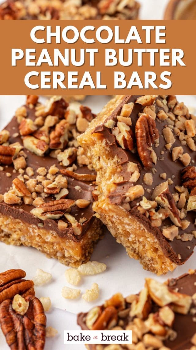 two chocolate peanut butter cereal bars on parchment paper; text overlay "chocolate peanut butter cereal bars bake or break"