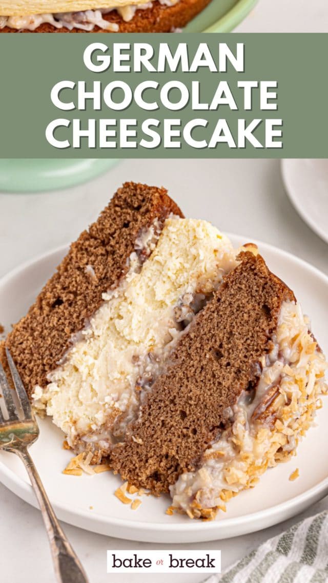 a slice of German chocolate cheesecake on a white plate; text overlay "German chocolate cheesecake"