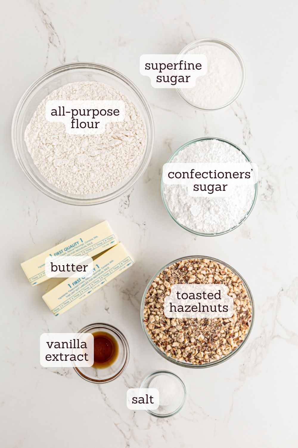 overhead view of ingredients for hazelnut crescent cookies