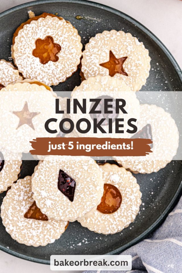 overhead view of Linzer cookies on a plate; text overlay "Linzer cookies just 5 ingredients!"