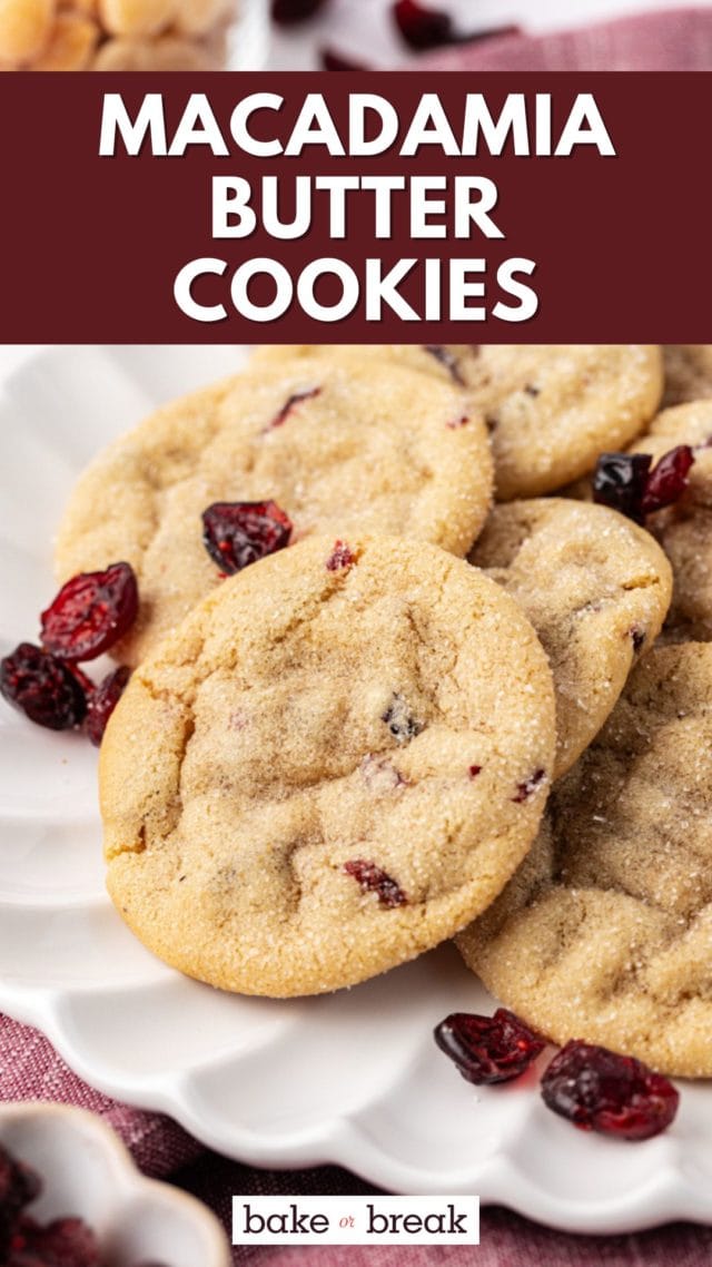 macadamia butter cookies on a white plate; text overlay "macadamia butter cookies"