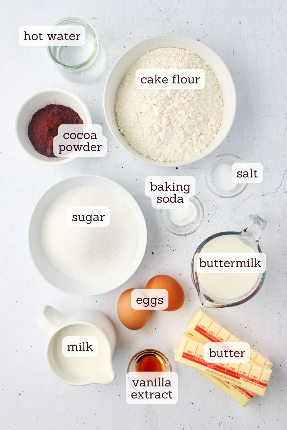 overhead view of ingredients for mahogany cake