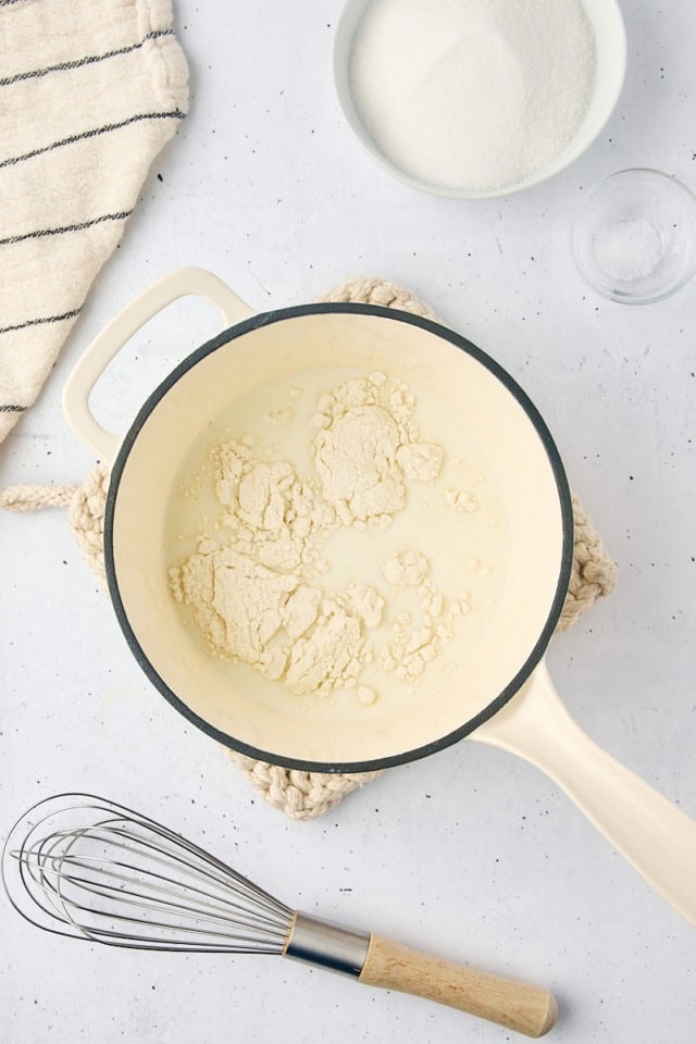 overhead view of flour and milk in a saucepan