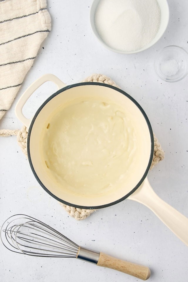 overhead view of thickened milk mixture for ermine frosting