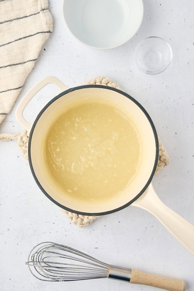 overhead view of cooked milk mixture for ermine frosting