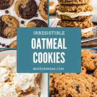 collage of four different oatmeal cookies with text overlay "irresistible oatmeal cookies bakeorbreak.com"