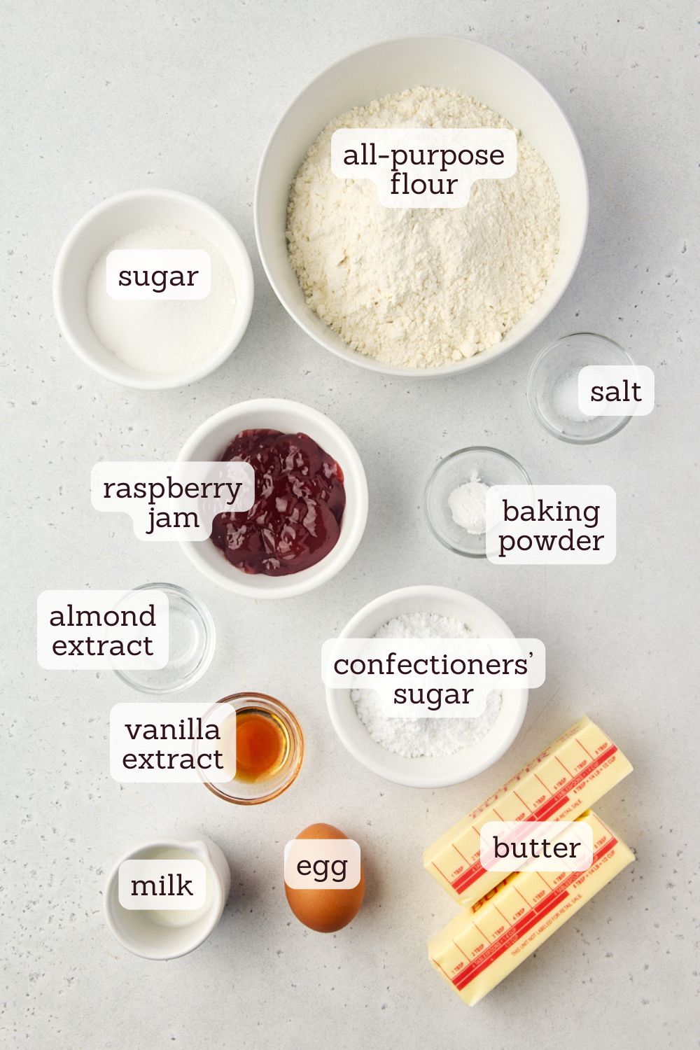 overhead view of ingredients for raspberry ribbon cookies