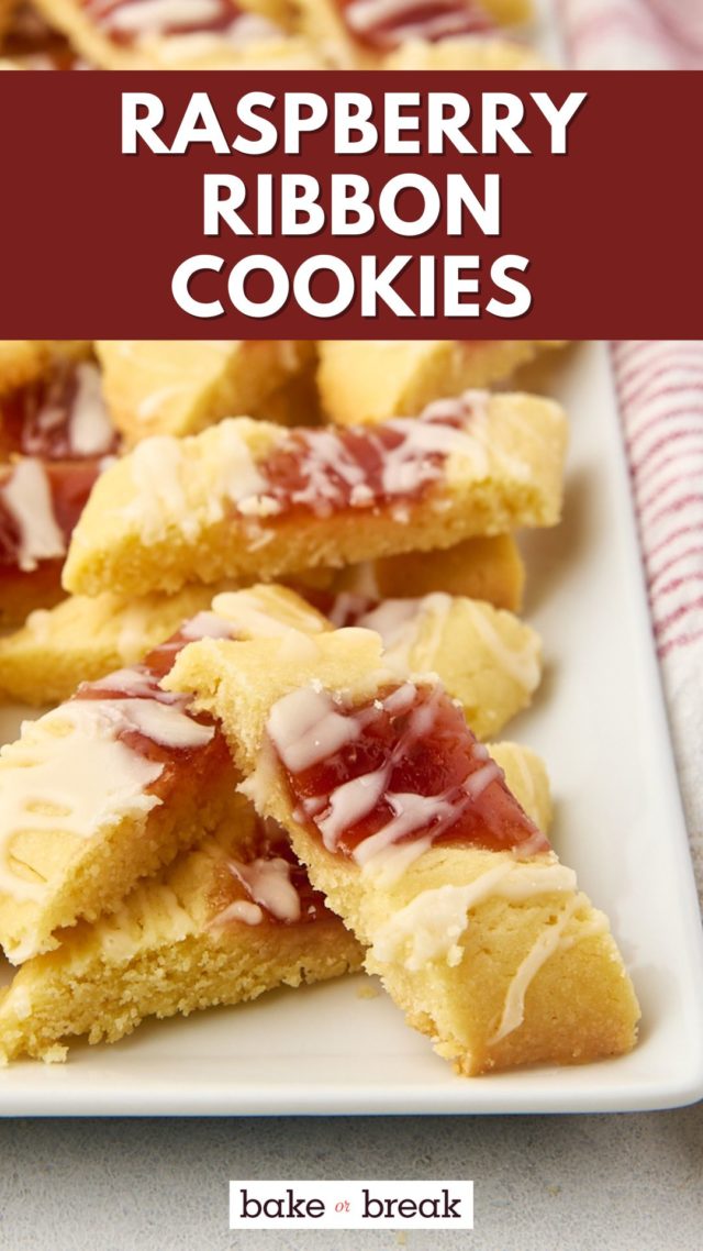 raspberry ribbon cookies on a white tray; text overlay "raspberry ribbon cookies"