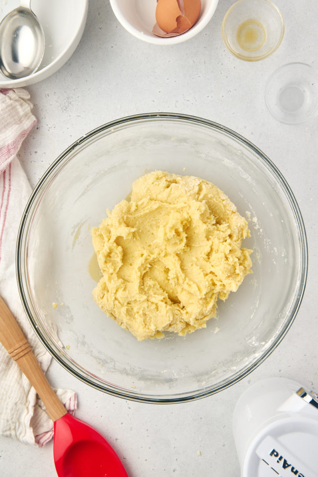 overhead view of mixed raspberry ribbon cookie dough