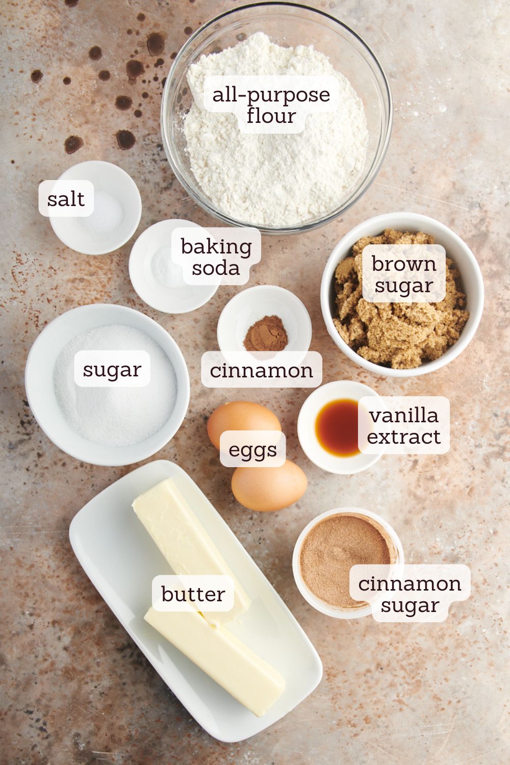 overhead view of ingredients for snickerdoodle bars