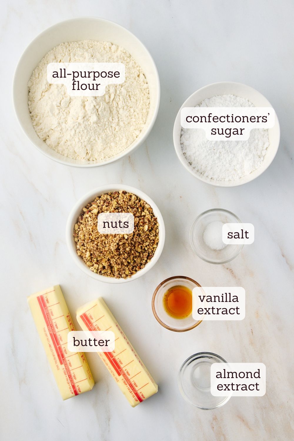 overhead view of ingredients for classic snowball cookies