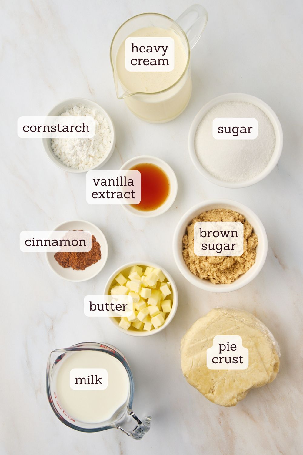 overhead view of ingredients for sugar cream pie