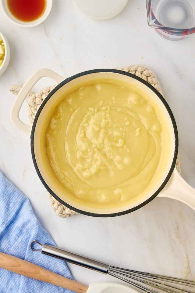 overhead view of thickened sugar cream pie filling in a saucepan