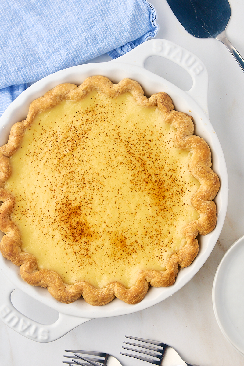 overhead view of sugar cream pie in a white pie plate