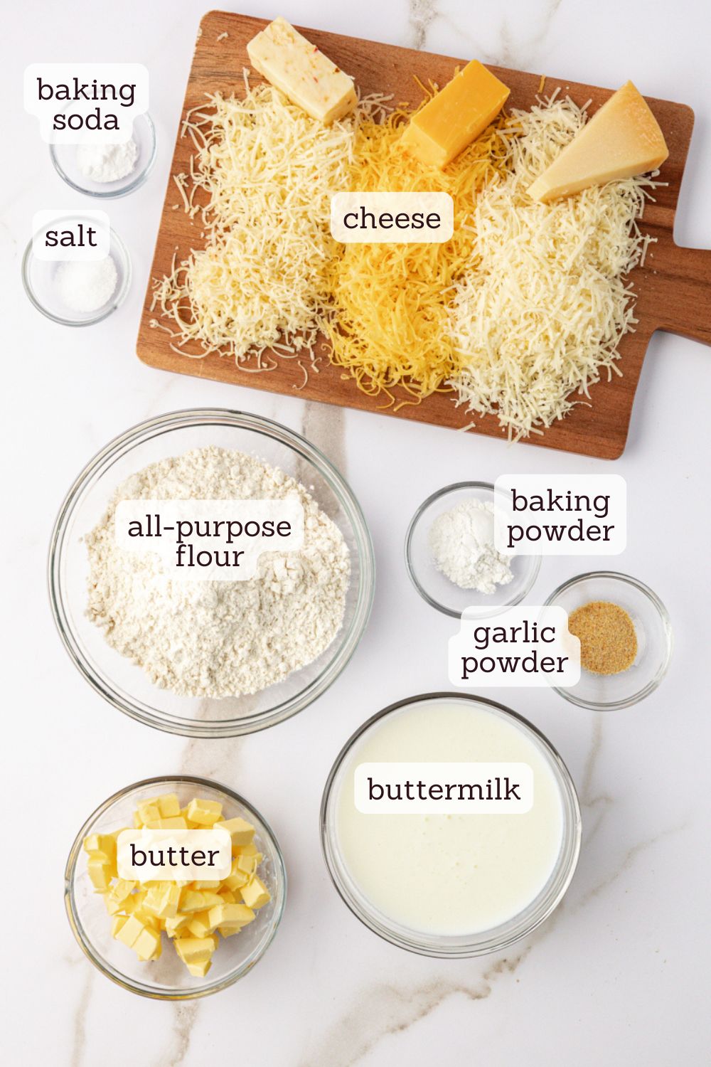 overhead view of ingredients for three cheese biscuits