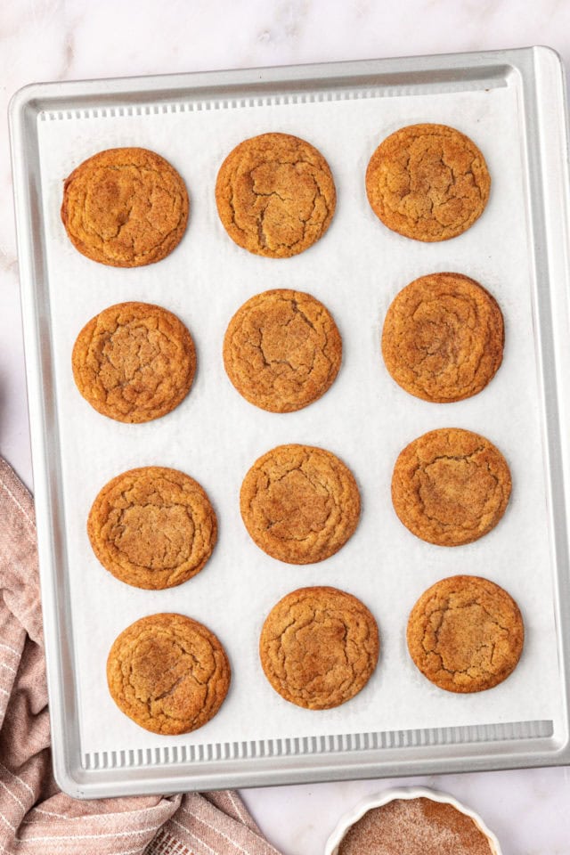 overhead view of freshly baked brown butter snickerdoodles on a baking sheet